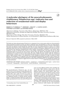A Molecular Phylogeny of the Peacock-Pheasants (Galliformes: Polyplectron Spp.) Indicates Loss and Reduction of Ornamental Traits and Display Behaviours