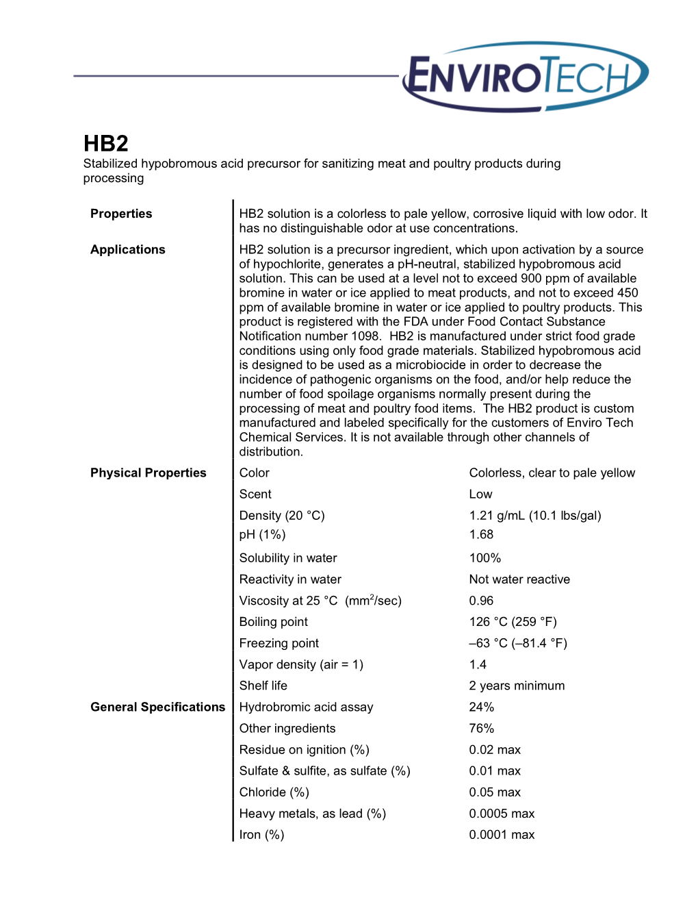 HB2 Stabilized Hypobromous Acid Precursor for Sanitizing Meat and Poultry Products During Processing