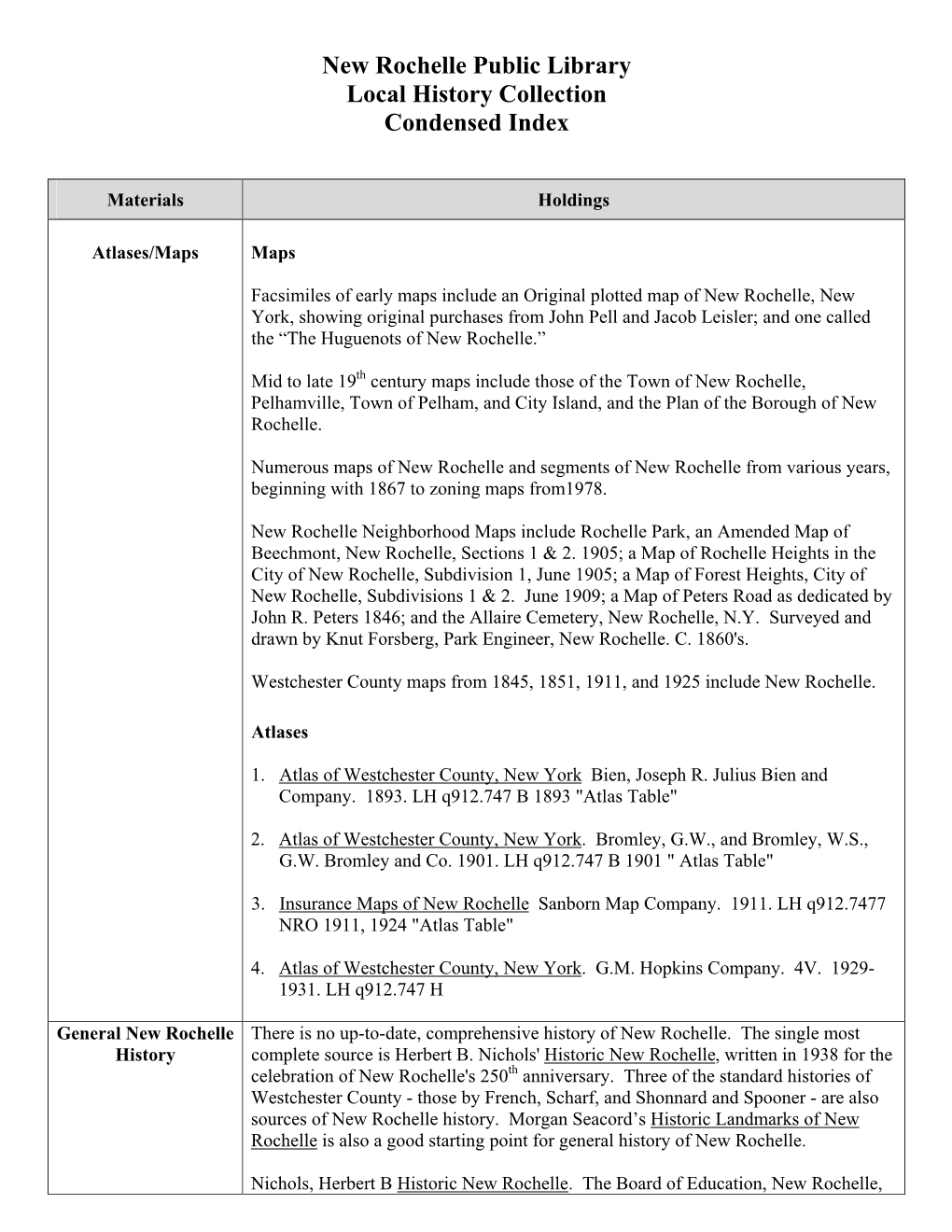 New Rochelle Public Library Local History Collection Condensed Index