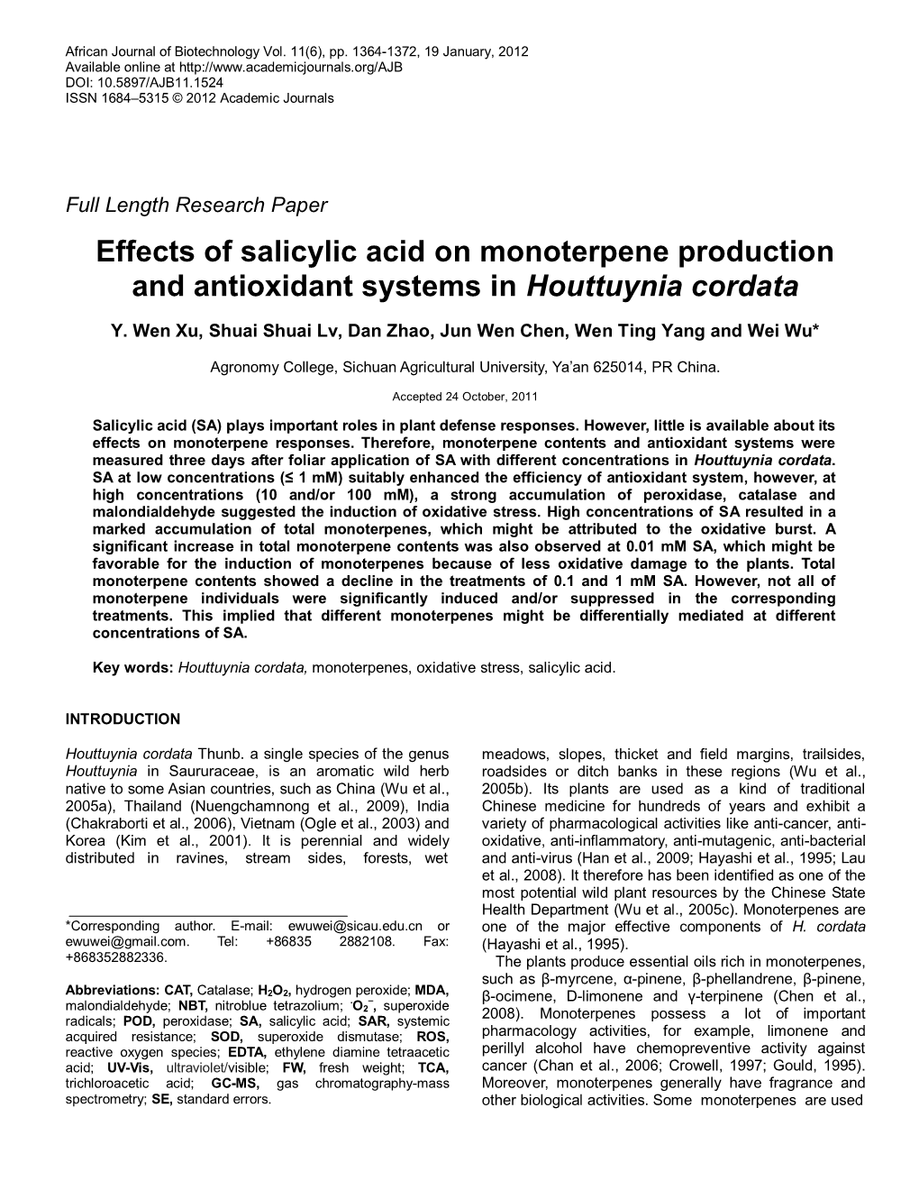 Effects of Salicylic Acid on Monoterpene Production and Antioxidant Systems in Houttuynia Cordata