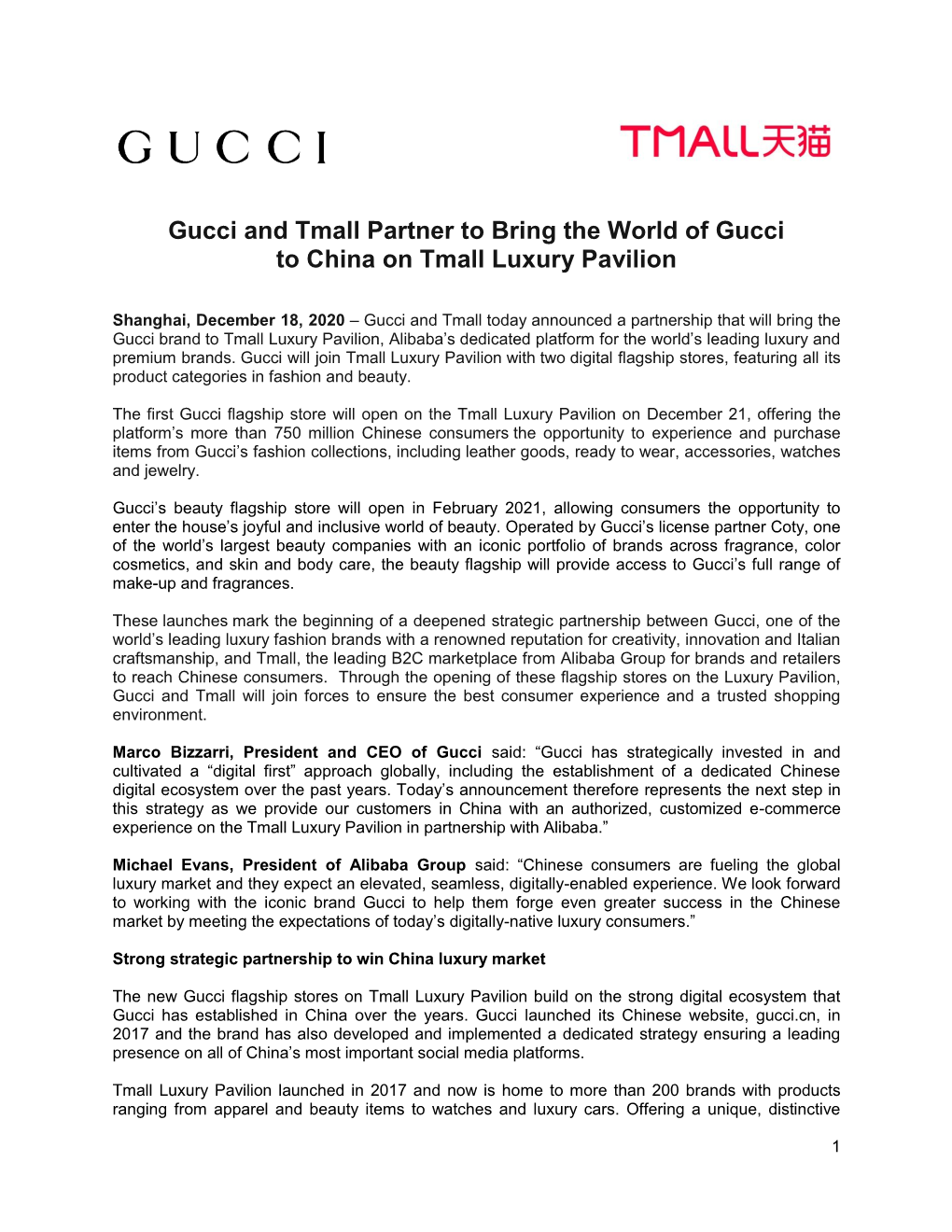 Gucci and Tmall Partner to Bring the World of Gucci to China on Tmall Luxury Pavilion
