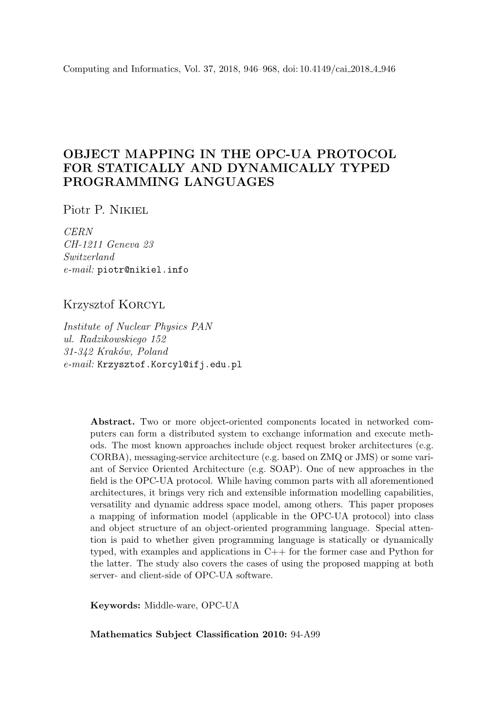 Object Mapping in the Opc-Ua Protocol for Statically and Dynamically Typed Programming Languages