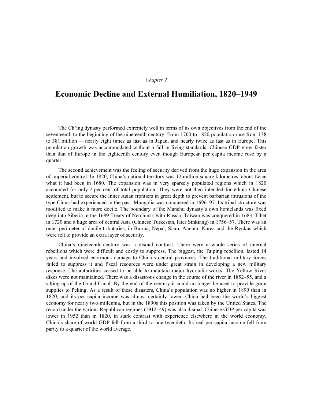 Chapter 2 Economic Decline and External Humiliation, 1820-1949