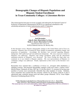 Demographic Changes of Hispanic Populations and Hispanic Student Enrollment in Texas Community Colleges: a Literature Review