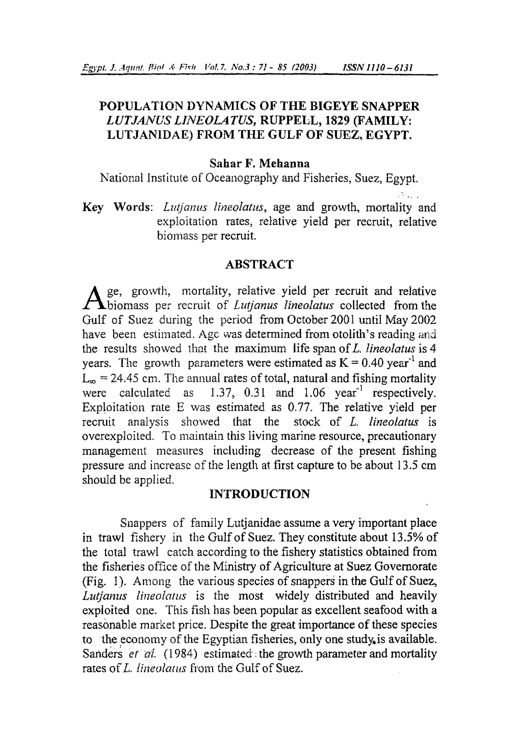 Population Dynamics of the Bigeye Snapper Lutjanus Lineolatus, Ruppell, 1829 (Family: Lutjan1dae) from the Gulf of Suez, Egypt