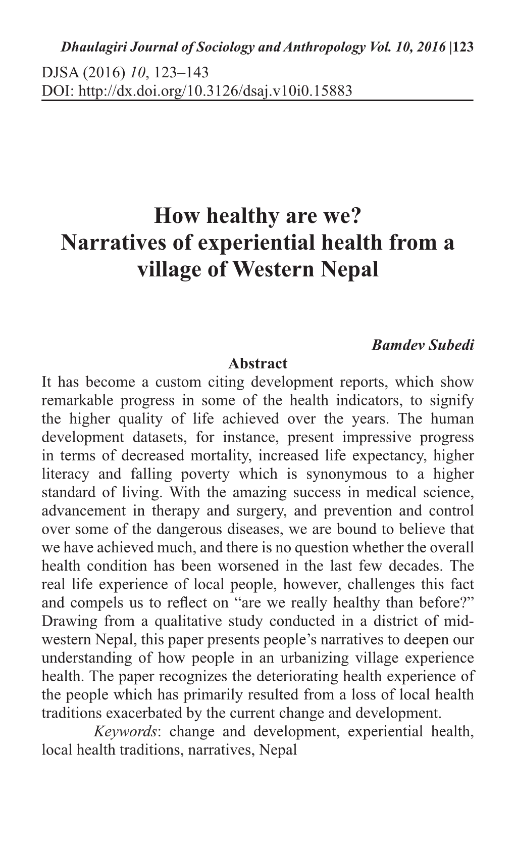 Narratives of Experiential Health from a Village of Western Nepal