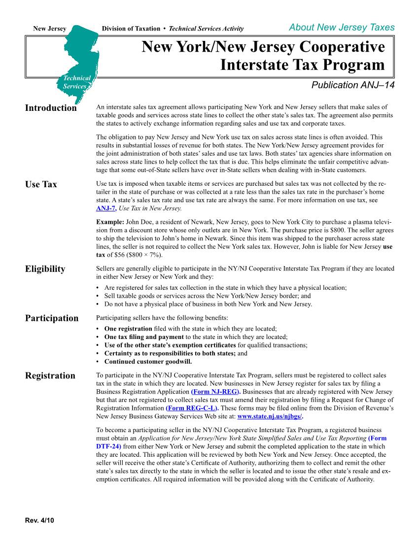 New York/New Jersey Cooperative Interstate Tax Program Technical Services Publication ANJ–14