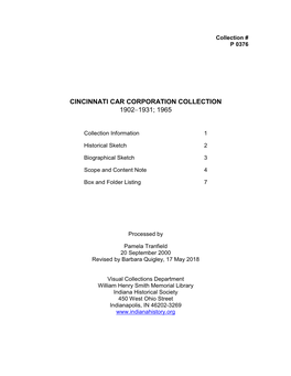 Cincinnati Car Corporation Collection 1902−1931; 1965