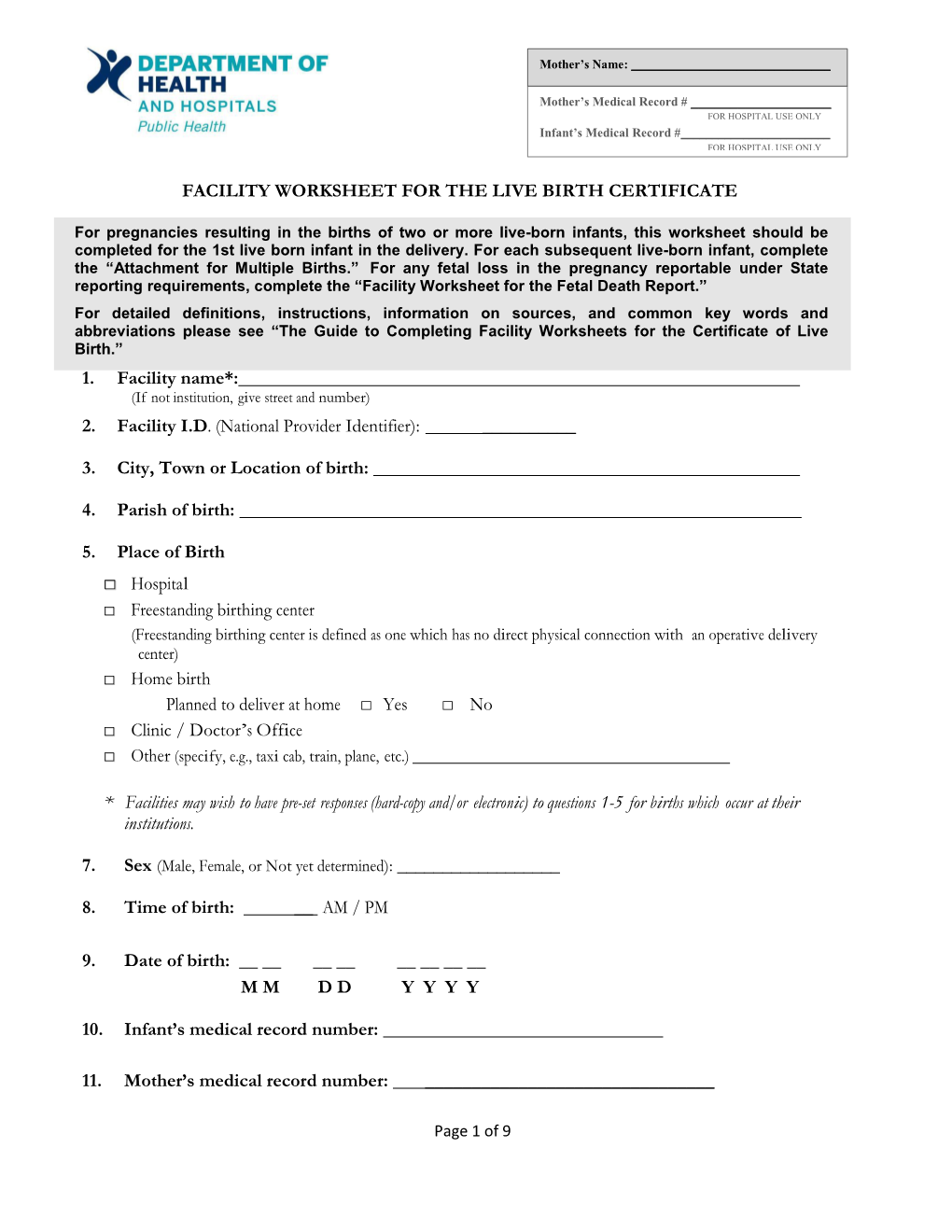 Facility Worksheet for the Live Birth Certificate-Final