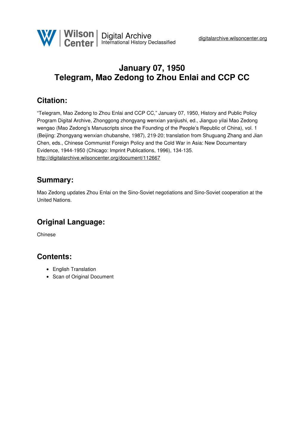 January 07, 1950 Telegram, Mao Zedong to Zhou Enlai and CCP CC
