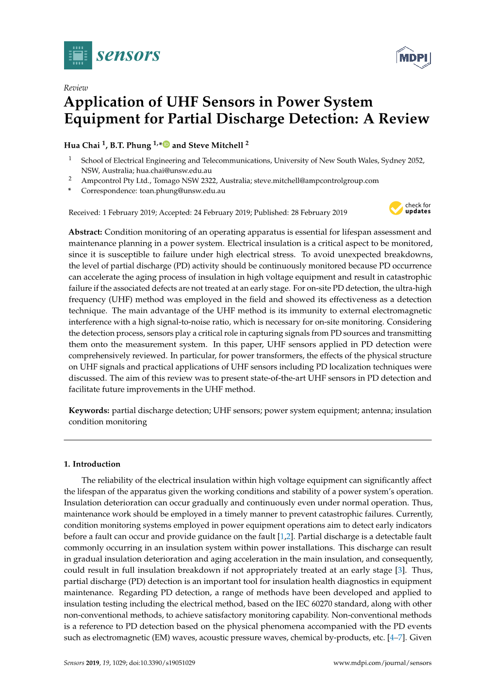 Application of UHF Sensors in Power System Equipment for Partial Discharge Detection: a Review