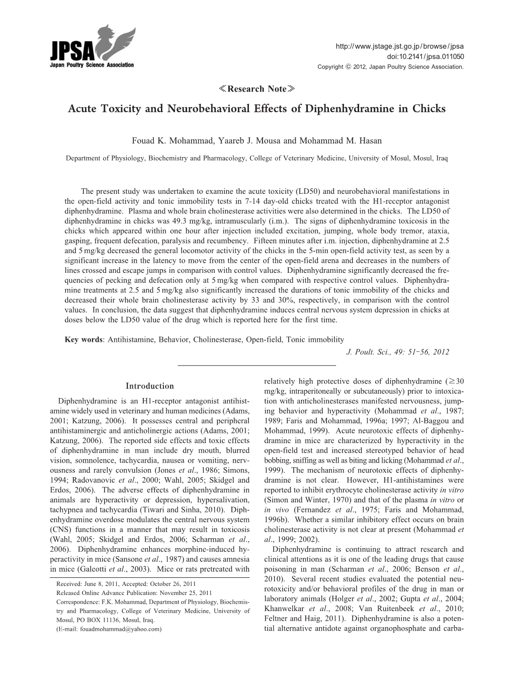 Acute Toxicity and Neurobehavioral Effects of Diphenhydramine in Chicks