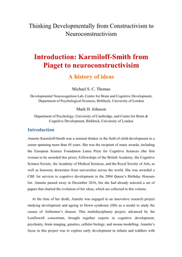 Introduction: Karmiloff-Smith from Piaget to Neuroconstructivisim a History of Ideas