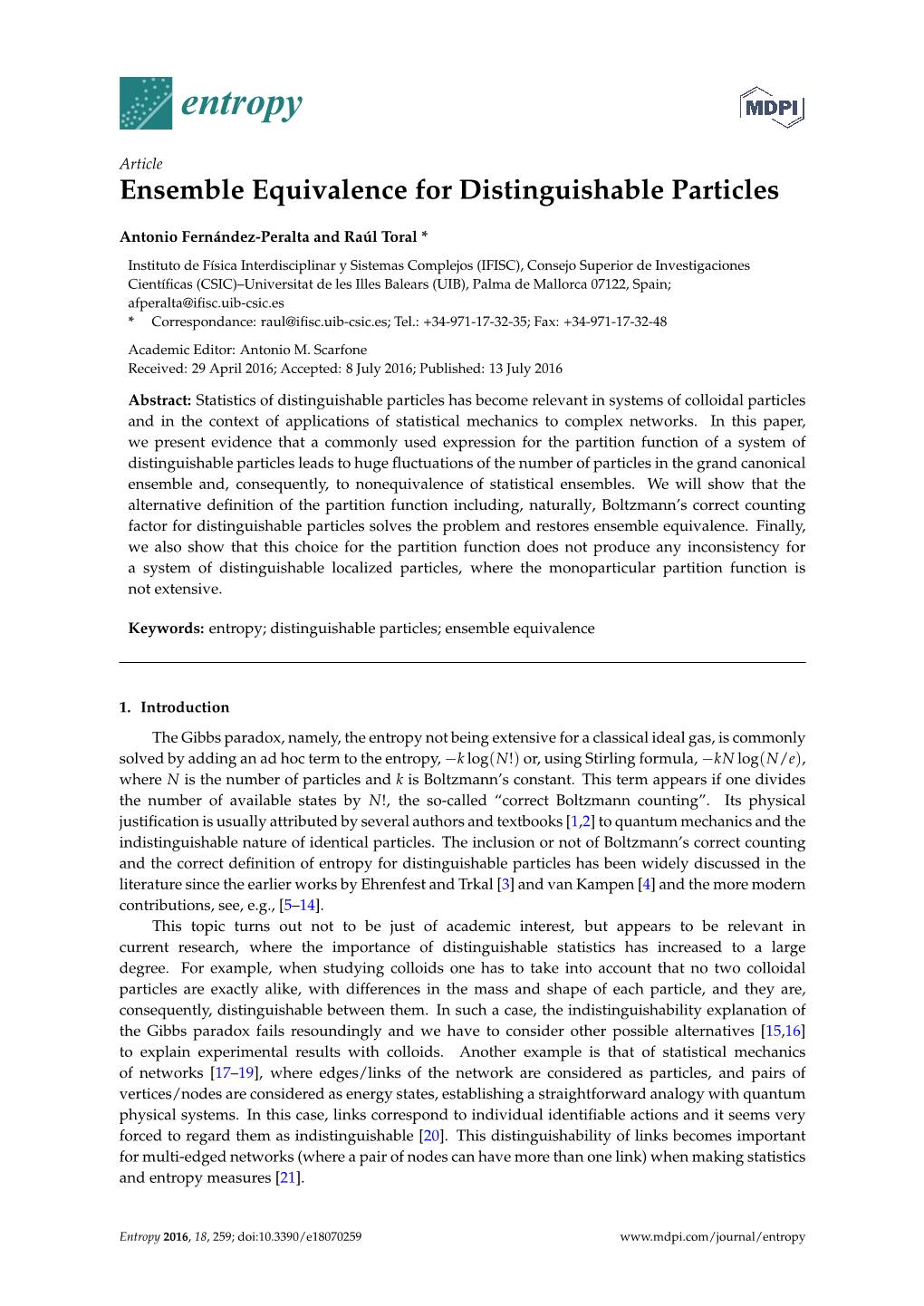 Ensemble Equivalence for Distinguishable Particles