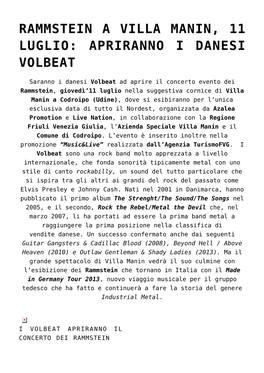 Rammstein a Villa Manin, 11 Luglio: Apriranno I Danesi Volbeat