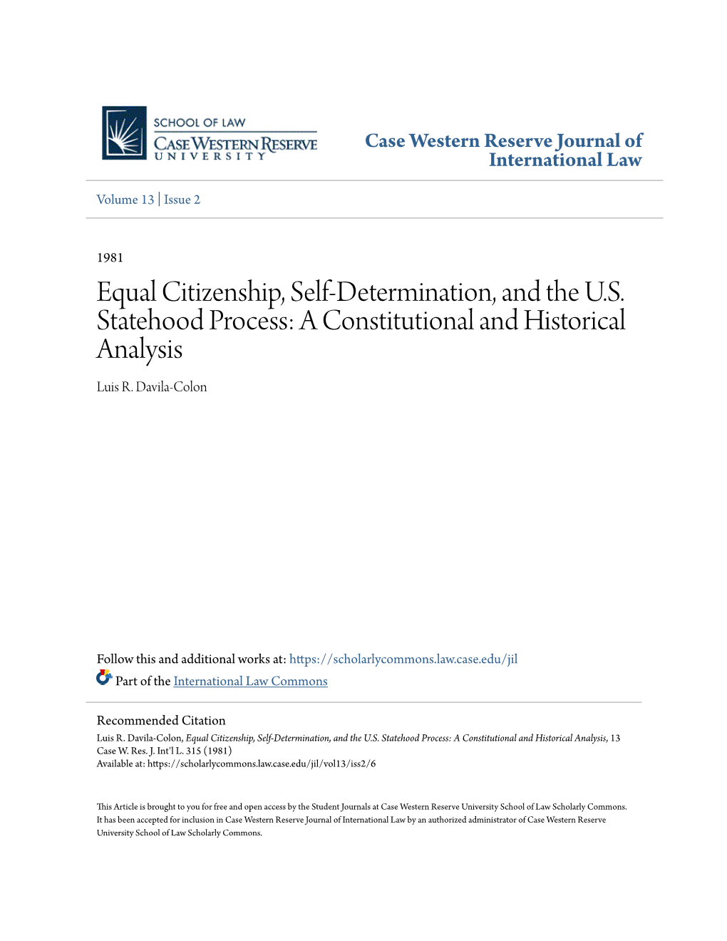 Equal Citizenship, Self-Determination, and the US Statehood Process