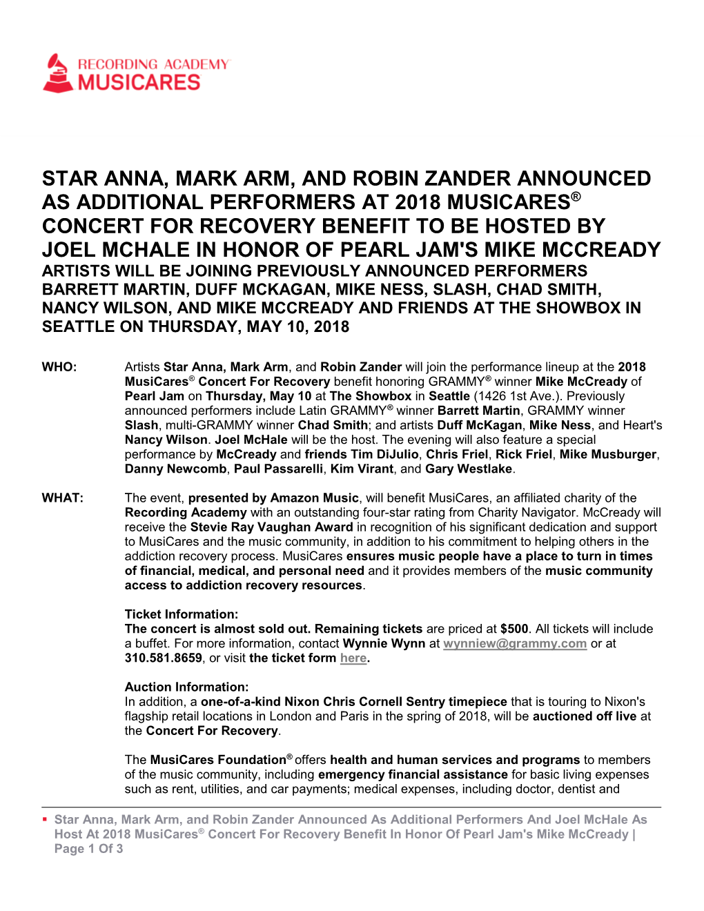 Star Anna, Mark Arm, and Robin Zander Announced As