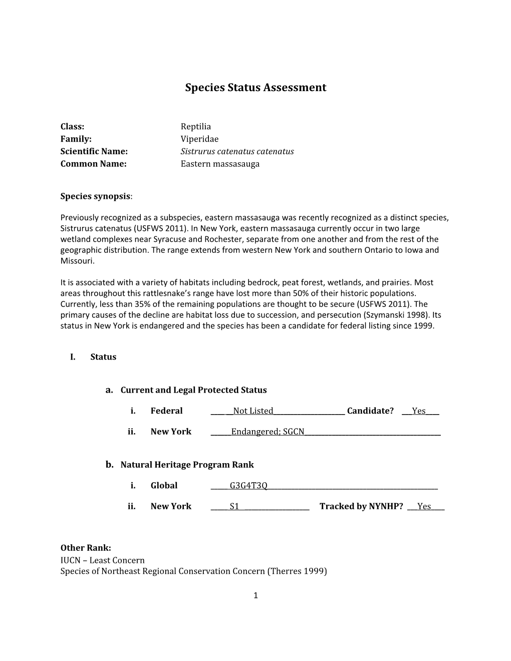 Species Assessment for Eastern Massasauga