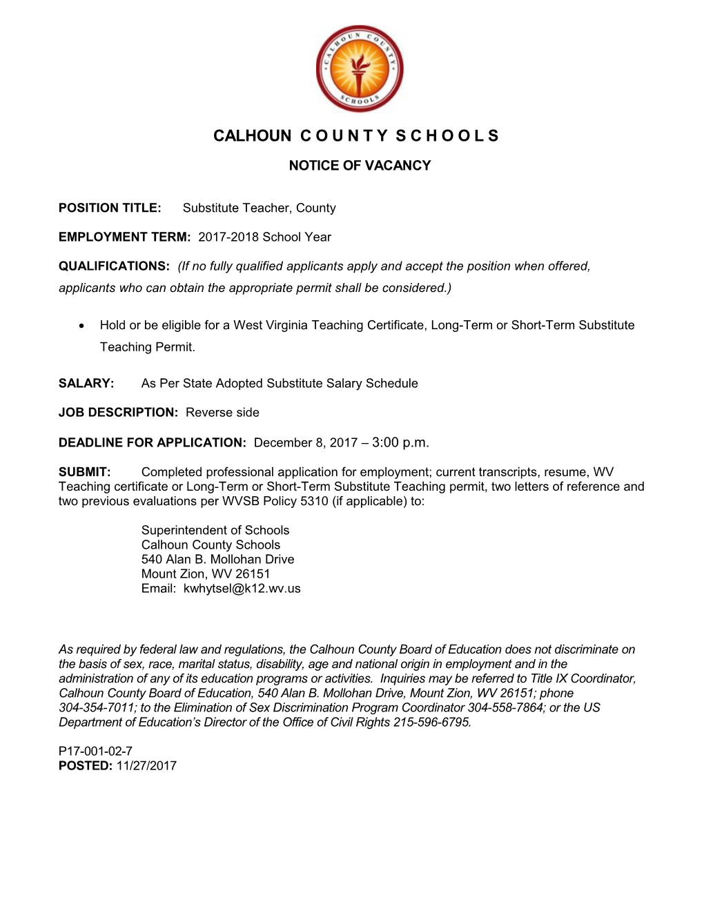 POSITION TITLE: Substitute Teacher, County