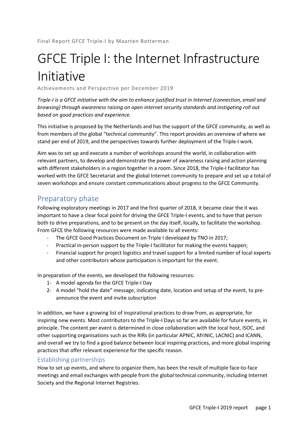 GFCE Triple I: the Internet Infrastructure Initiative Achievements and Perspective Per December 2019