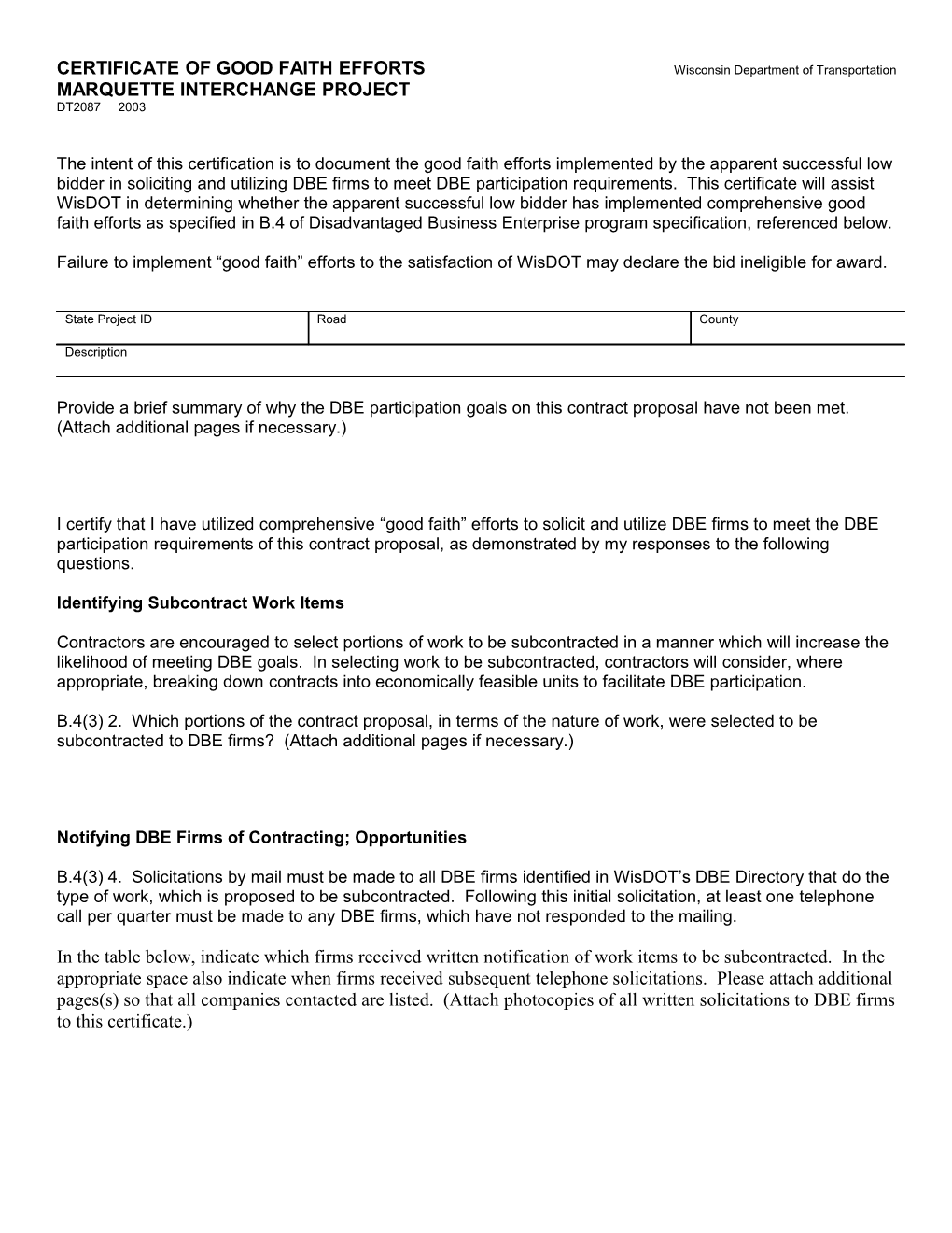 DT2087 Certificate of Good Faith Efforts Marquette Interchange Project