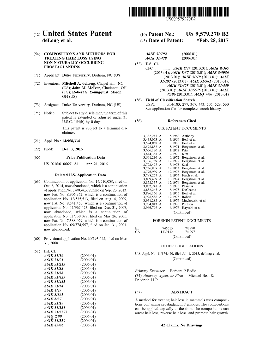 (12) United States Patent (10) Patent No.: US 9,579.270 B2 Delong Et Al