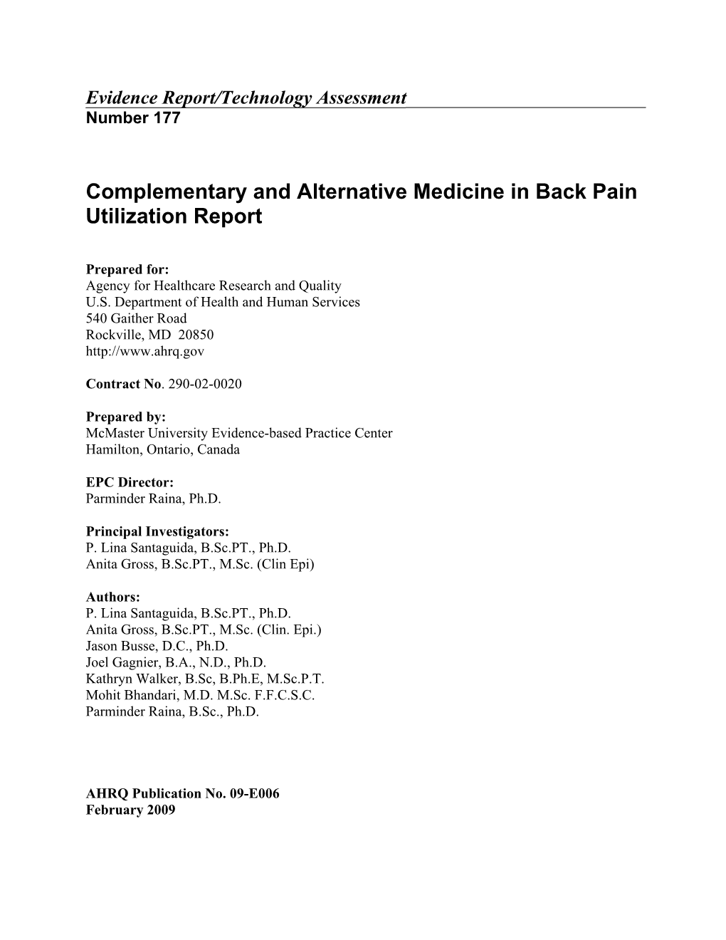 Complementary and Alternative Medicine in Back Pain Utilization Report