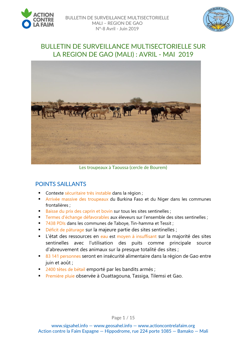 MALI – REGION DE GAO N°-8 Avril - Juin 2019