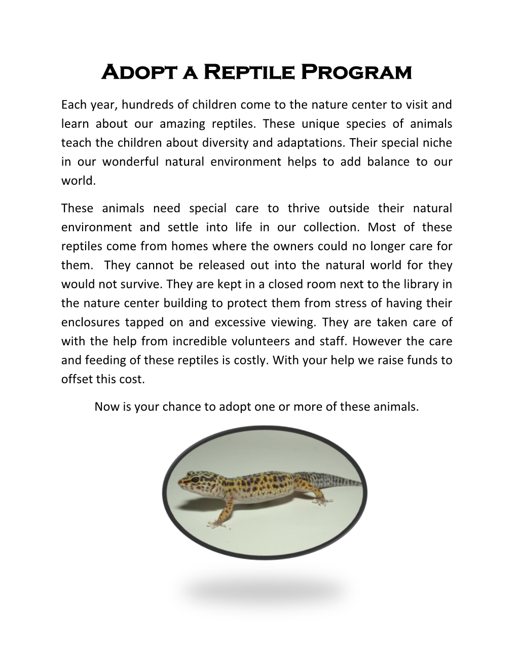 Adopt-A-Reptile Program Packet