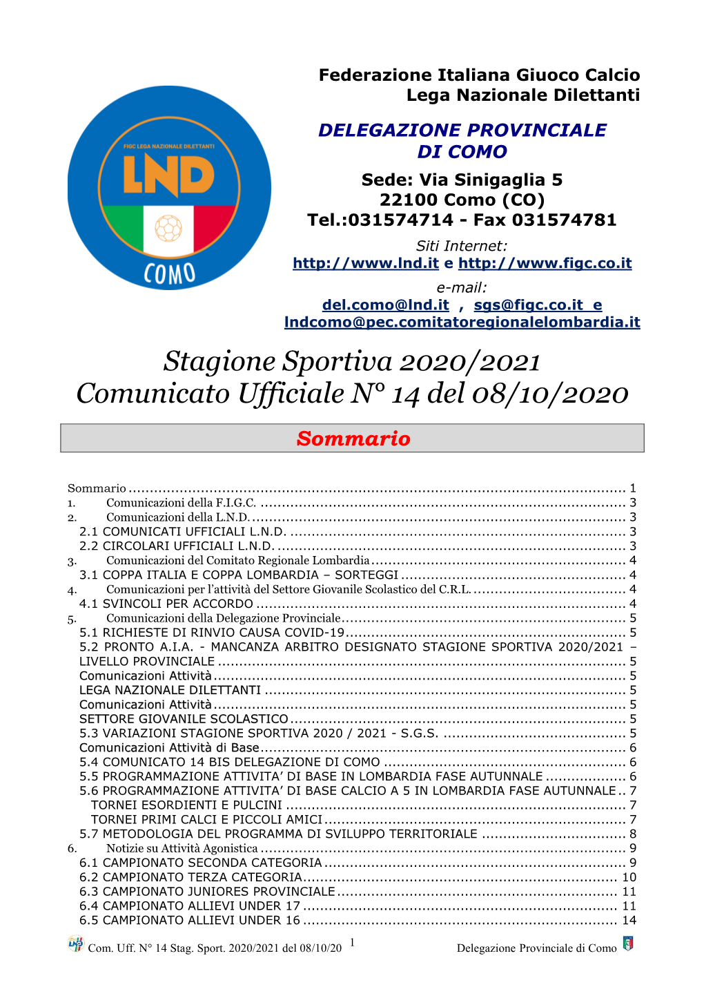 Stagione Sportiva 2020/2021 Comunicato Ufficiale N° 14 Del 08/10/2020