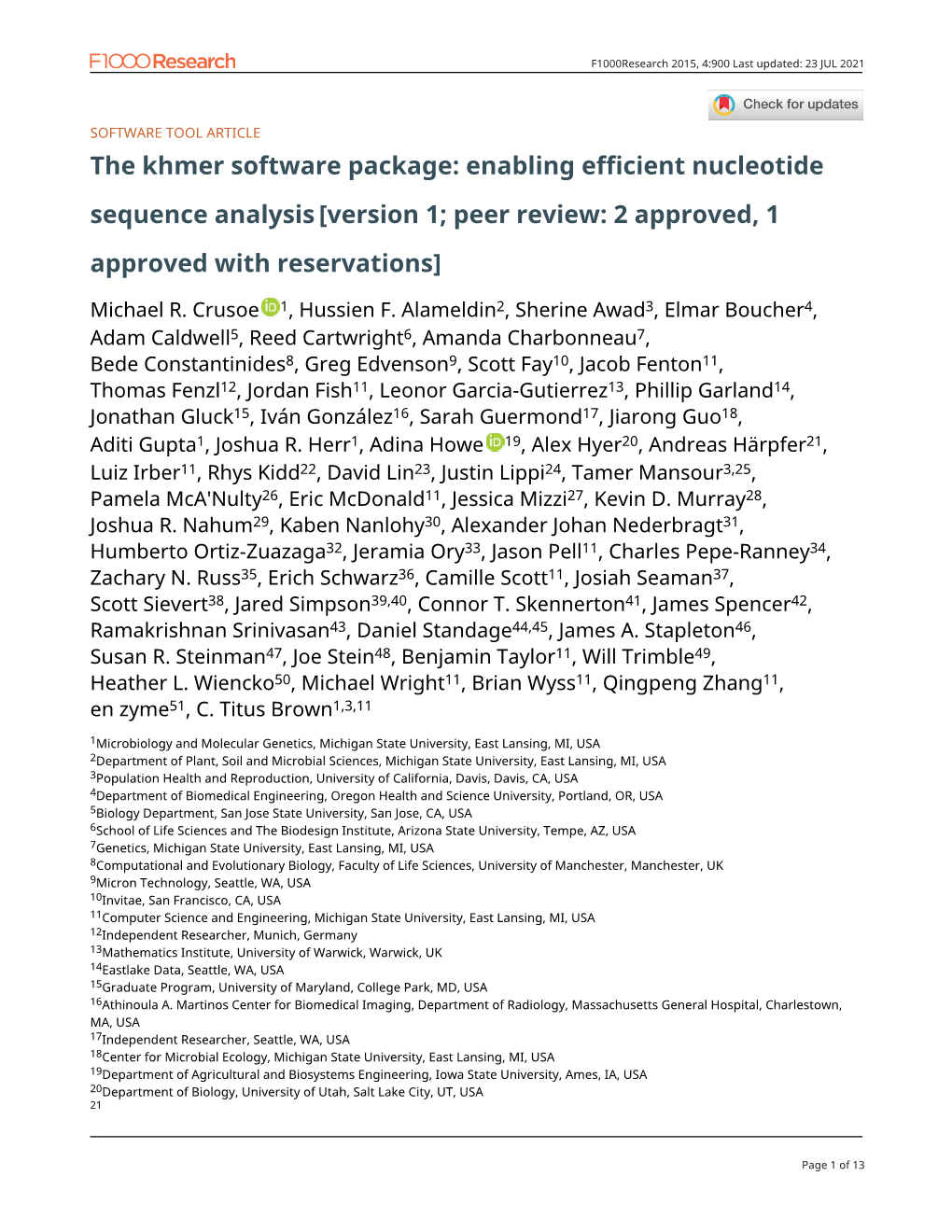 The Khmer Software Package: Enabling Efficient Nucleotide Sequence Analysis [Version 1; Peer Review: 2 Approved, 1 Approved with Reservations]