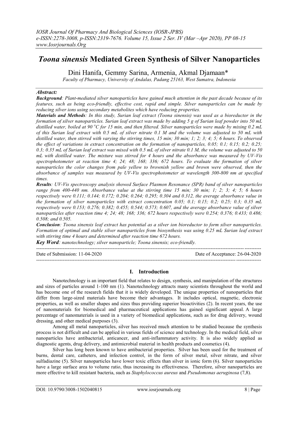 Toona Sinensis Mediated Green Synthesis of Silver Nanoparticles