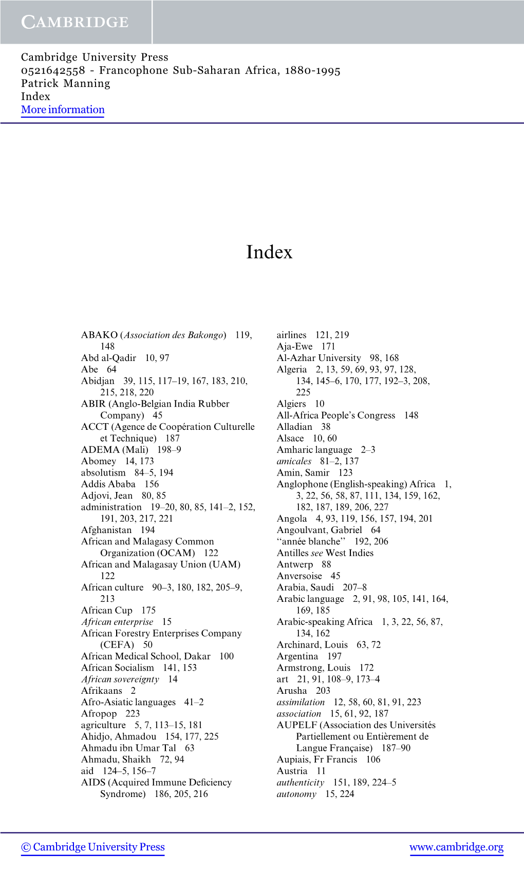 Francophone Sub-Saharan Africa, 1880-1995 Patrick Manning Index More Information