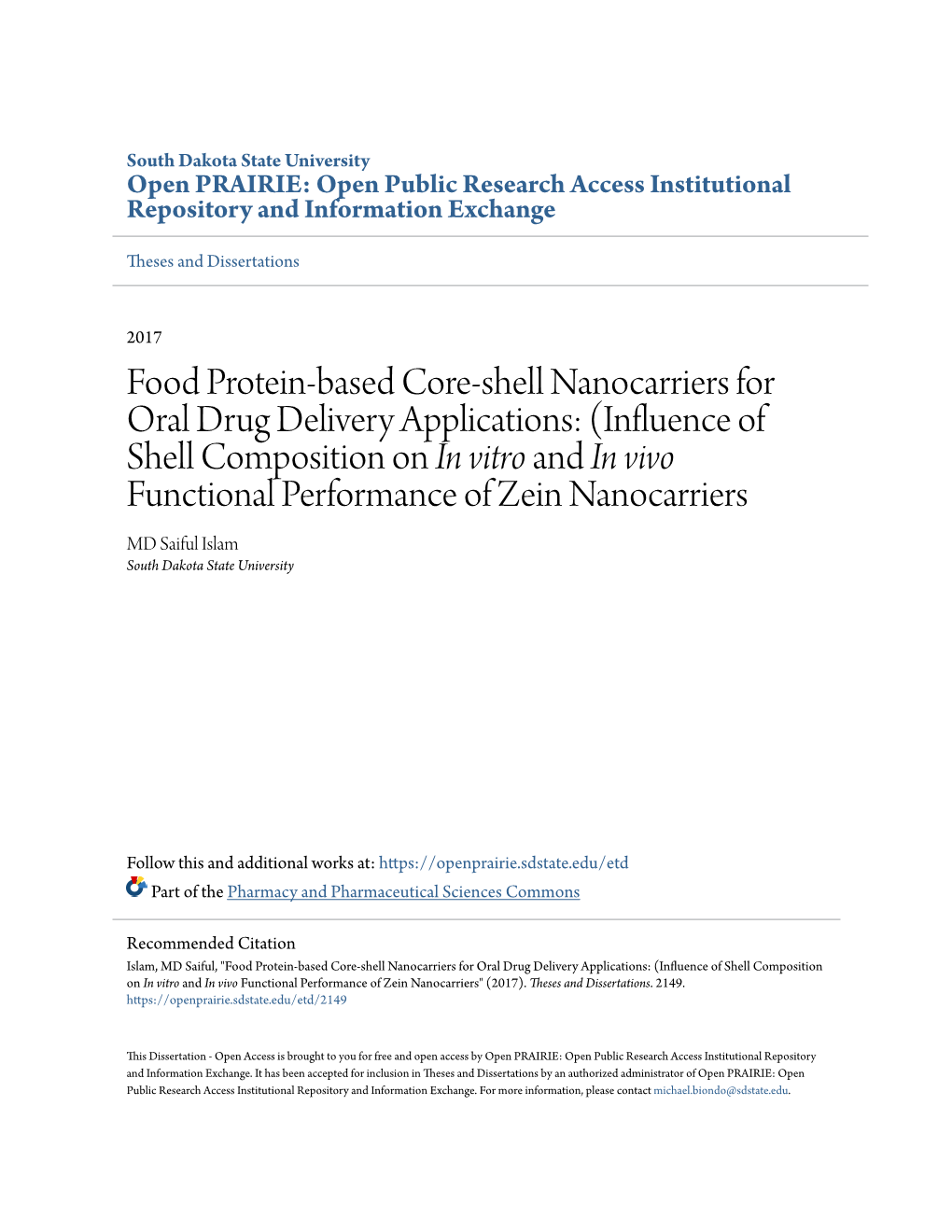 Food Protein-Based Core-Shell Nanocarriers for Oral Drug Delivery Applications