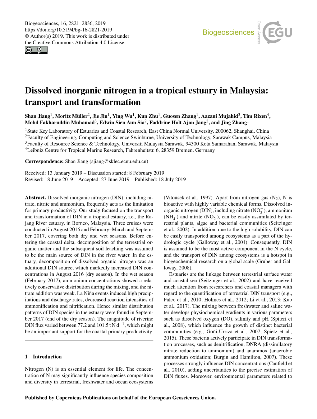 Dissolved Inorganic Nitrogen in a Tropical Estuary in Malaysia: Transport and Transformation