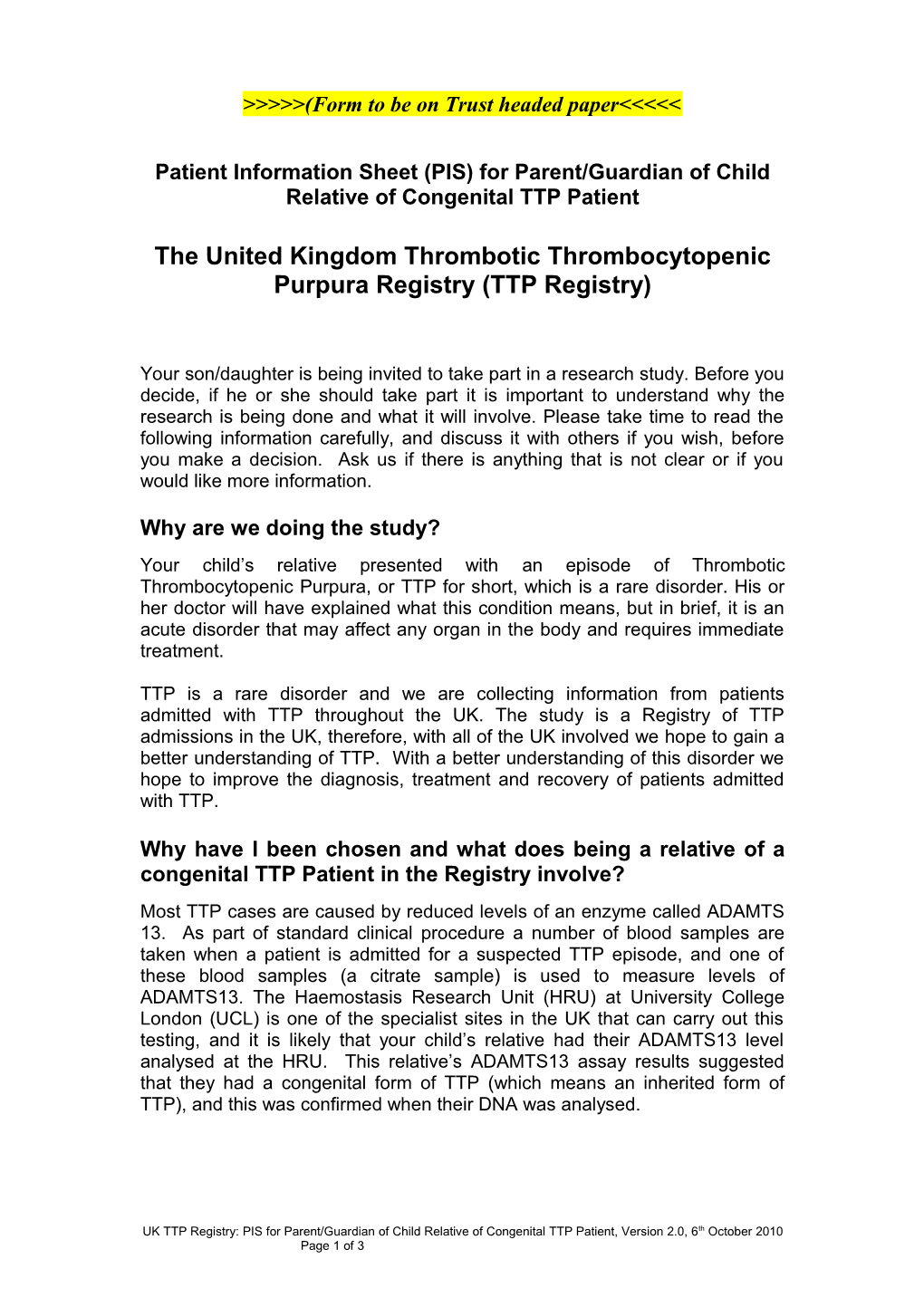 Patient Information Sheet for Parent Or Guardian of Child Relative of Congenital TTP Patient