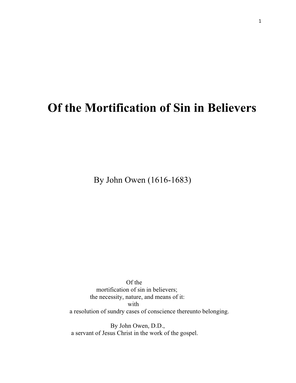 Of the Mortification of Sin in Believers, by John Owen