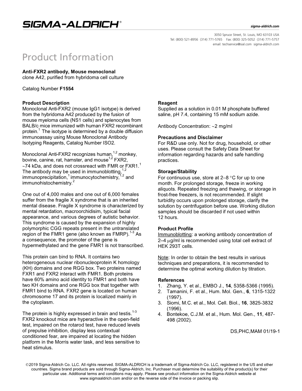 Monoclonal Anti-FXR2, Clone A42 (F1554)