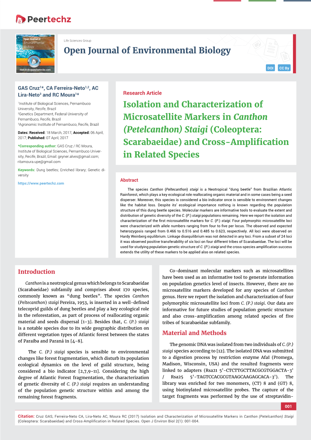 Isolation and Characterization of Microsatellite Markers in Canthon (Petelcanthon) Staigi (Coleoptera: Scarabaeidae) and Cross-Amplification in Related Species