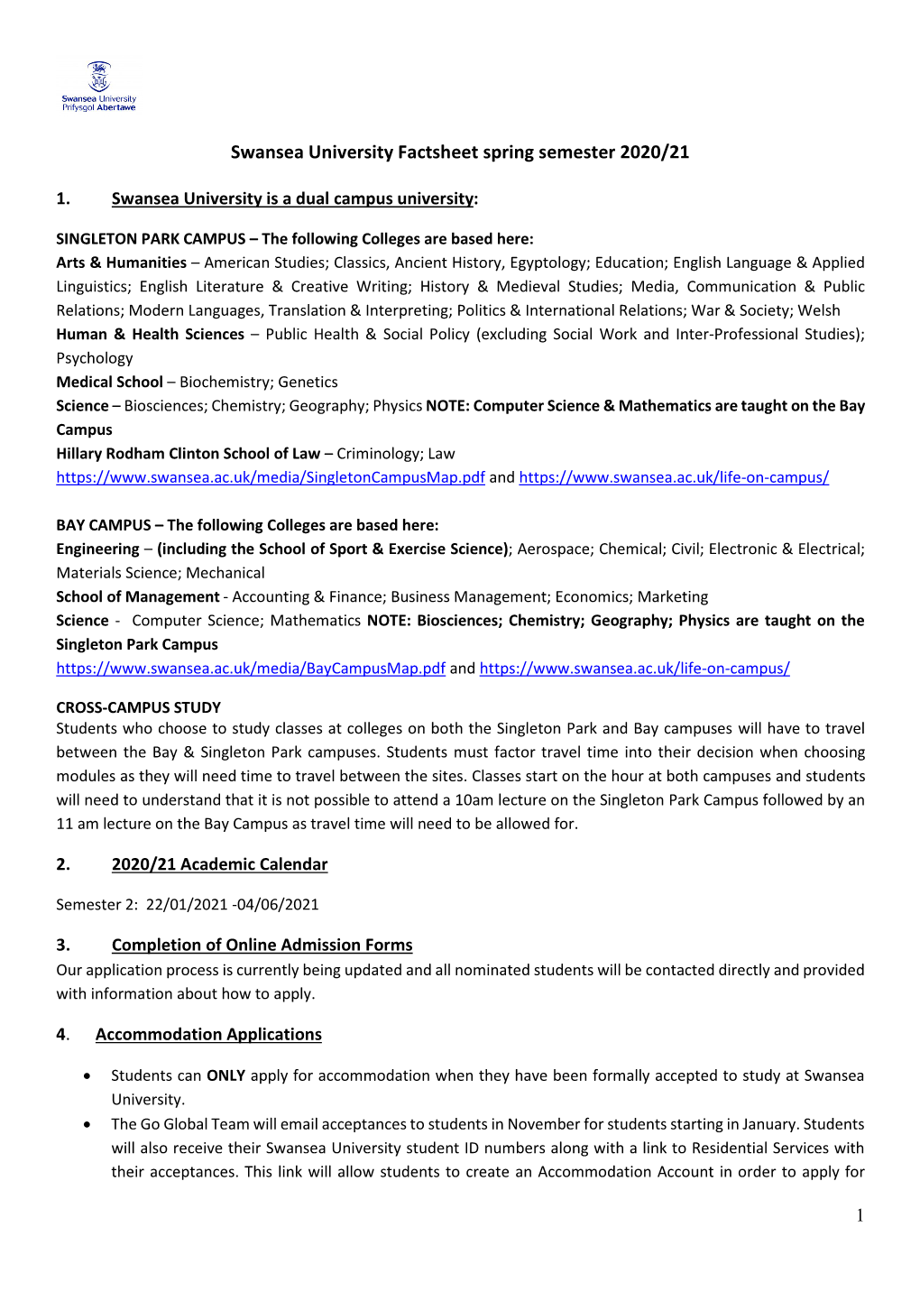 Swansea University Factsheet Spring Semester 2020/21