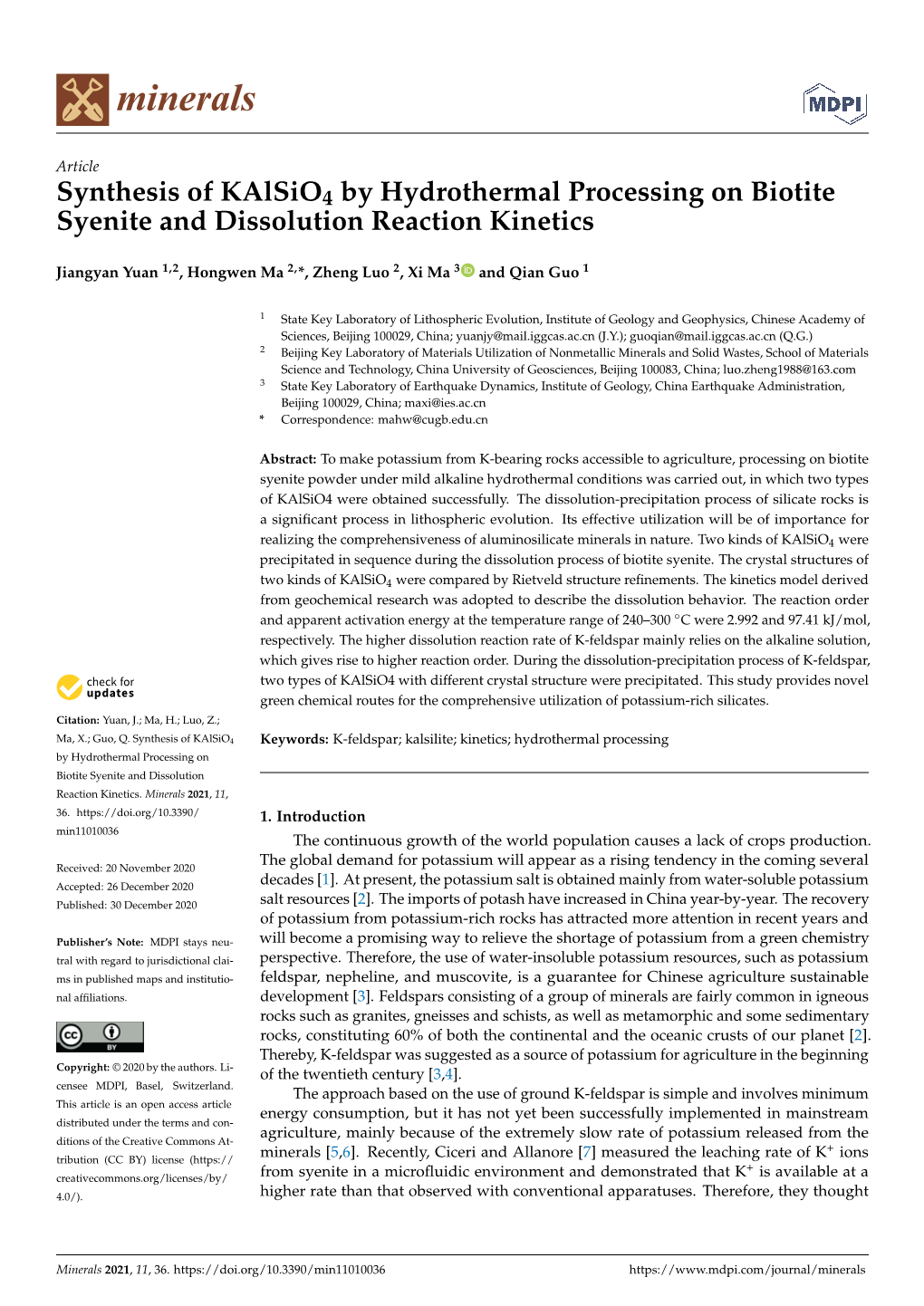 Synthesis of Kalsio4 by Hydrothermal Processing on Biotite Syenite and Dissolution Reaction Kinetics