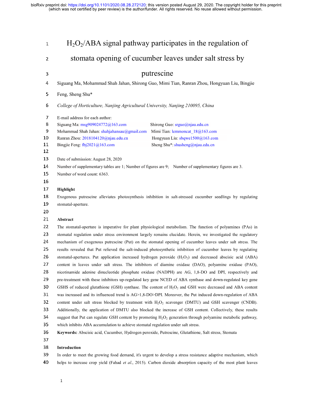 H2O2/ABA Signal Pathway Participates in the Regulation of Stomata Opening of Cucumber Leaves Under Salt Stress by Putrescine