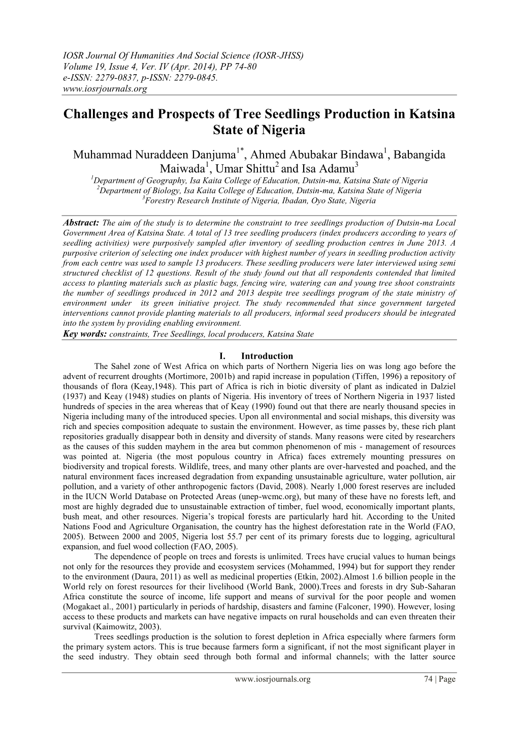 Challenges and Prospects of Tree Seedlings Production in Katsina State of Nigeria