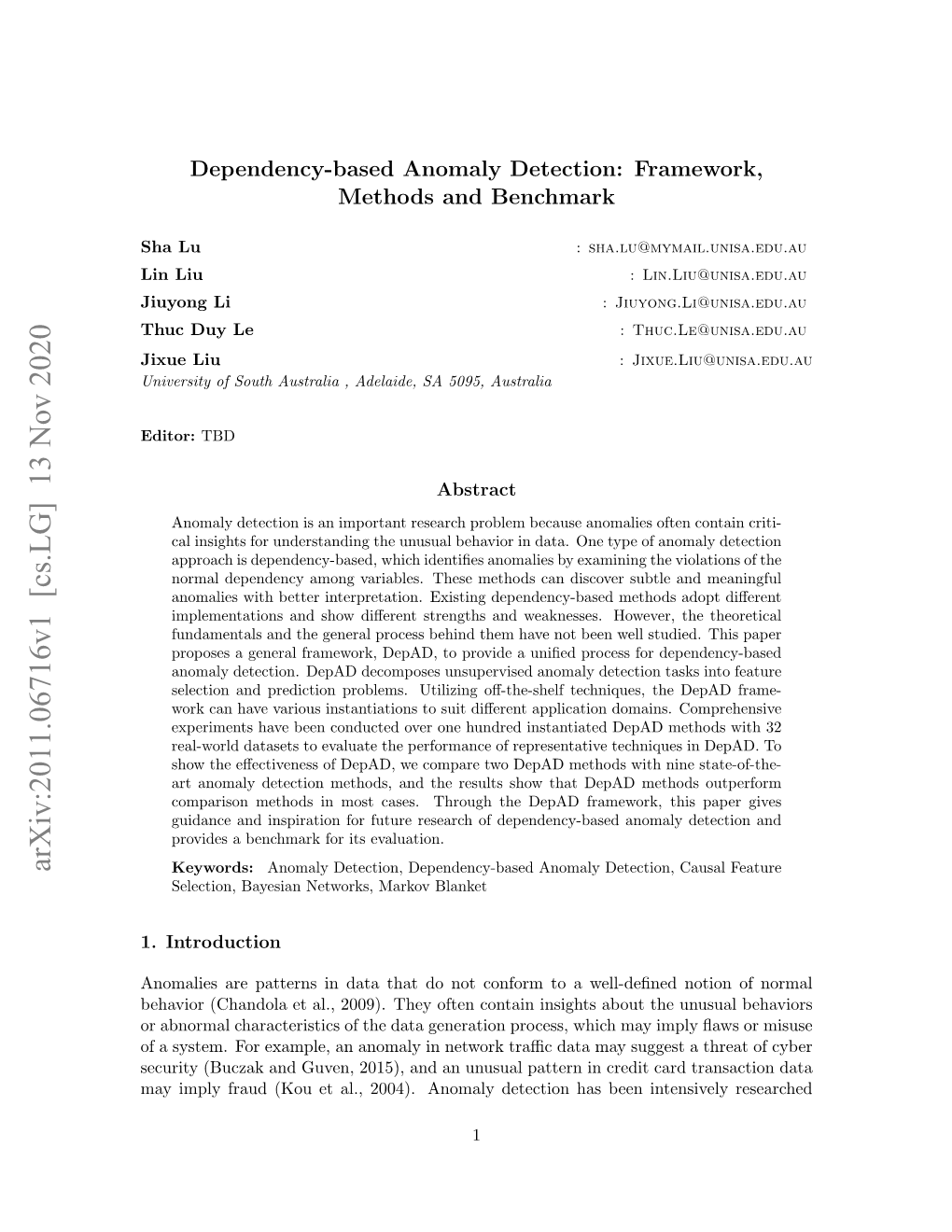 Dependency-Based Anomaly Detection: Framework, Methods and Benchmark