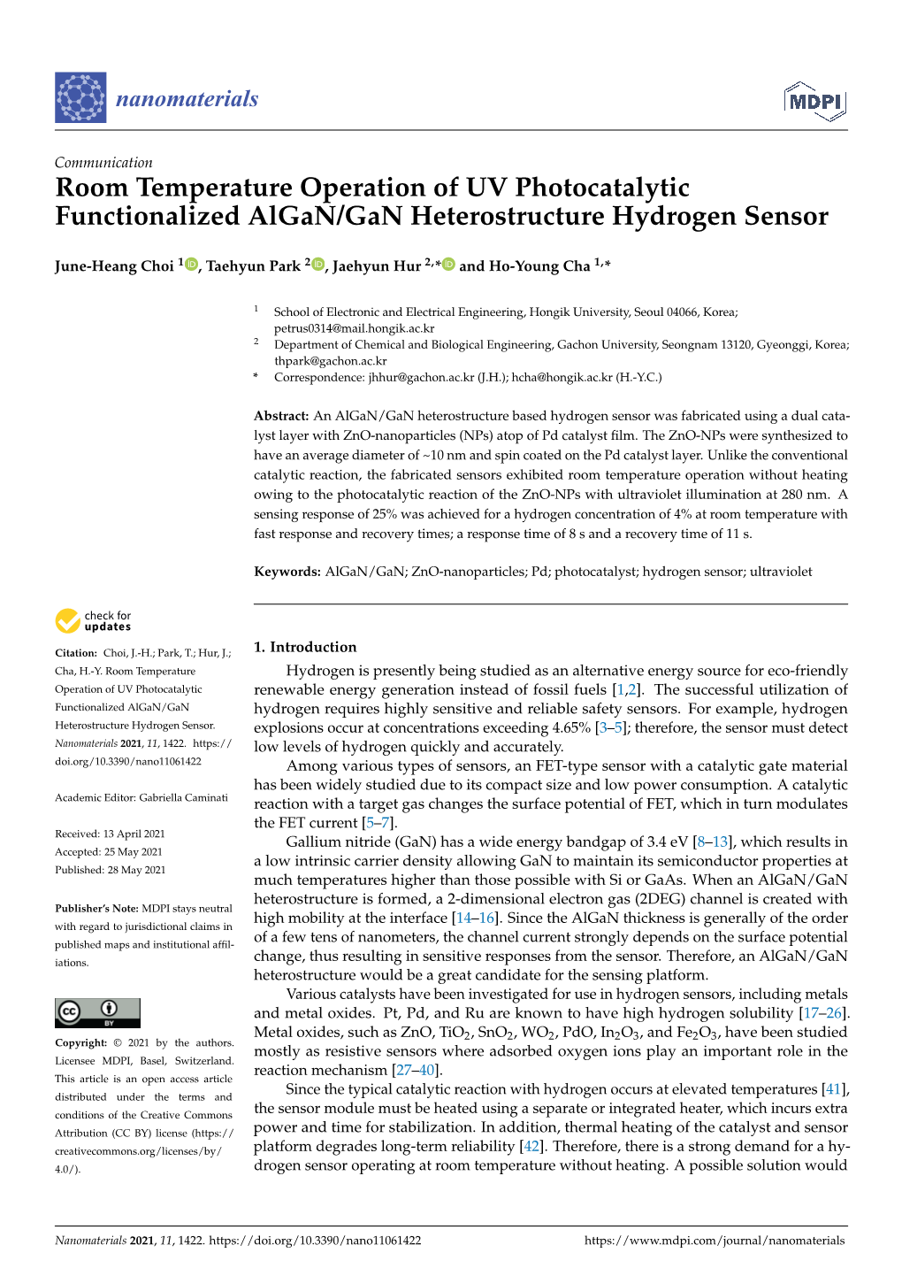 Room Temperature Operation of UV Photocatalytic Functionalized Algan/Gan Heterostructure Hydrogen Sensor