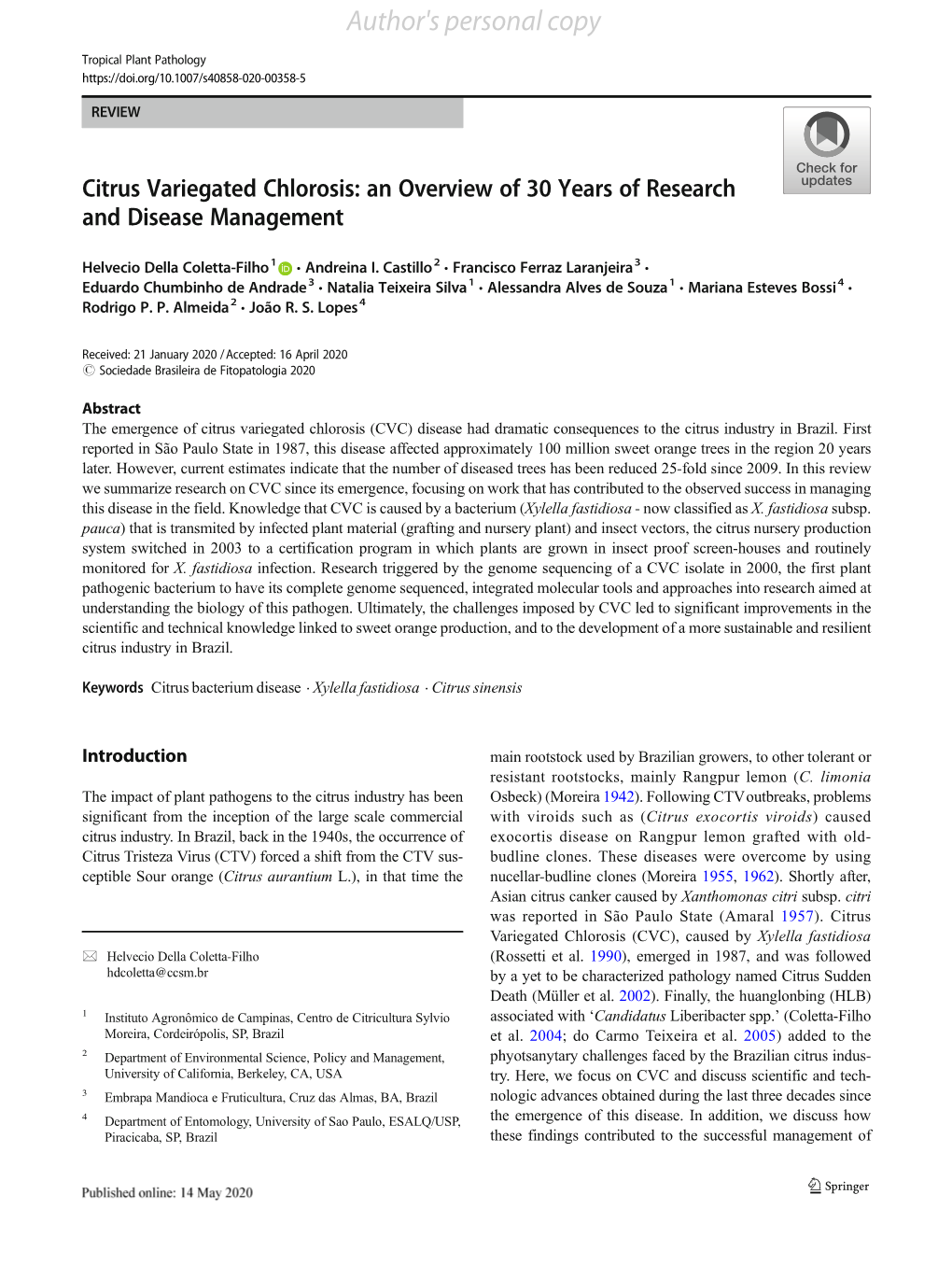 Citrus Variegated Chlorosis: an Overview of 30 Years of Research and Disease Management