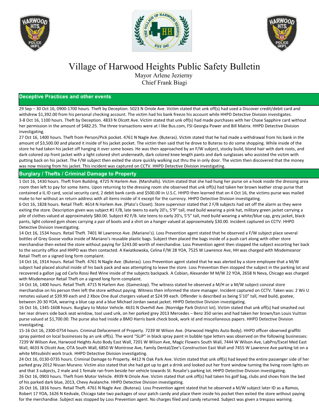 Village of Harwood Heights Public Safety Bulletin s1