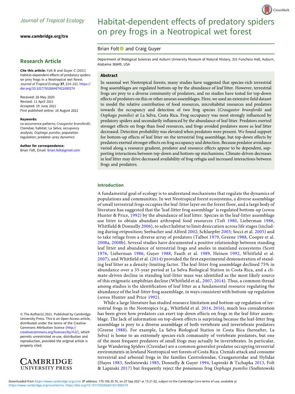 Habitat-Dependent Effects of Predatory Spiders on Prey Frogs in A