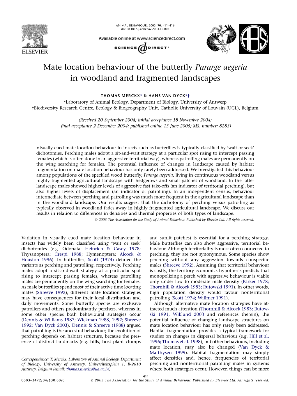 Mate Location Behaviour of the Butterfly Pararge Aegeria In