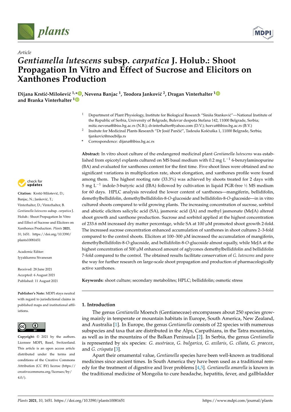 Gentianella Lutescens Subsp. Carpatica J. Holub.: Shoot Propagation in Vitro and Effect of Sucrose and Elicitors on Xanthones Production